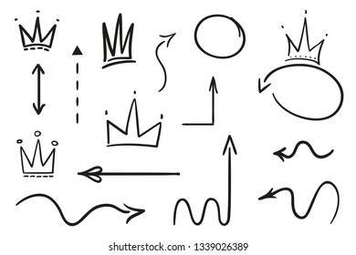 Infographic elements on isolated white background. Hand drawn simple arrows and crowns. Line art. Set of different shapes. Abstract indicators. Black and white illustration. Doodles for artwork