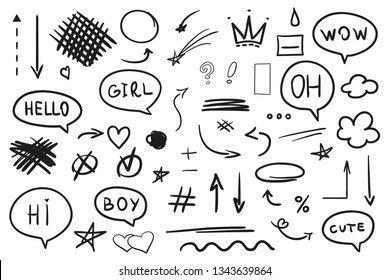 Infographic elements on isolated white background. Hand drawn simple signs and arrows. Set of different geometric shapes. Abstract indicators. Black and white illustration