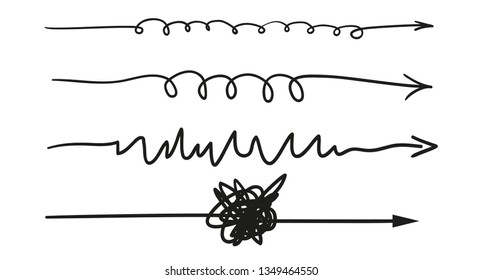 Infographic elements on isolated white background. Hand drawn wavy arrows. Line art. Set of different pointers. Abstract indicators. Black and white illustration. Doodles for artwork