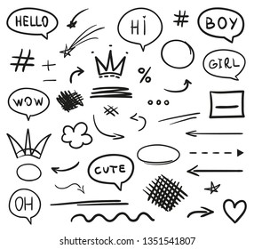Infographic elements on isolated white background. Hand drawn simple signs. Line art. Set of different shapes. Black and white illustration. Doodles for artwork
