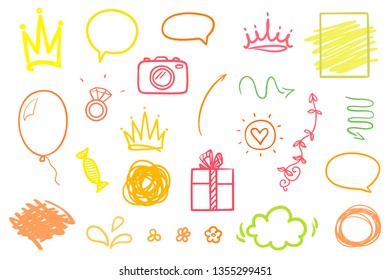 Infographic elements on isolated white background. Hand drawn colored shapes on white. Line art. Set of different signs. Colorful illustration