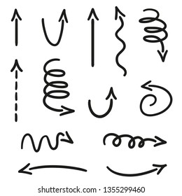 Infographic elements on isolated white background. Hand drawn simple arrows. Line art. Set of different pointers. Abstract indicators. Black and white illustration. Doodles for artwork