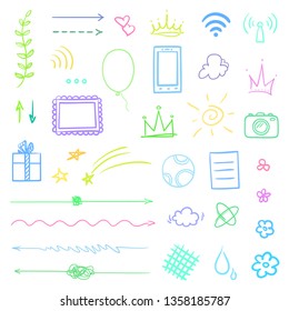Infographic elements on isolated white background. Hand drawn multicolored shapes. Line art. Set of different signs. Colorful illustration