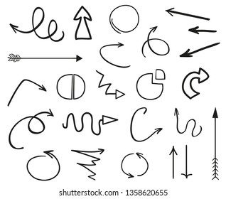 Infographic elements on isolated white background. Hand drawn simple arrows. Line art. Set of different pointers. Abstract indicators. Black and white illustration. Doodles for artwork
