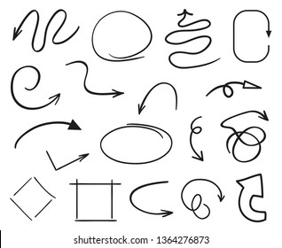 Infographic elements on isolated white background. Hand drawn simple arrows. Line art. Set of different geometric shapes. Abstract indicators. Black and white illustration. Doodles for artwork