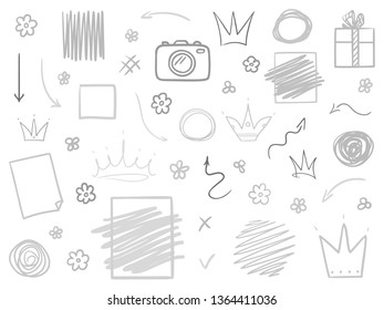 Infographic elements on isolated white background. Hand drawn simple signs. Line art. Set of different shapes. Abstract indicators. Black and white illustration. Doodles for artwork