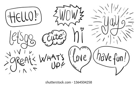 Infographic elements on isolated white background. Hand drawn simple words. Set of different styles. Abstract indicators. Black and white illustration.