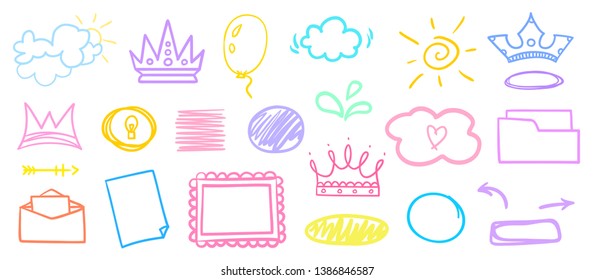 Infographic elements on isolated white background. Hand drawn different signs. Colorful illustration. Doodles for artwork