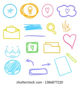 Infographic elements on isolated white background. Hand drawn different signs. Colorful illustration. Objects for artwork