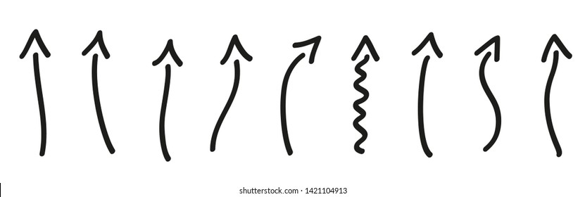 Infographic elements on isolated white background. Hand drawn simple arrows. Line art. Set of different pointers. Abstract arrow. Black and white illustration