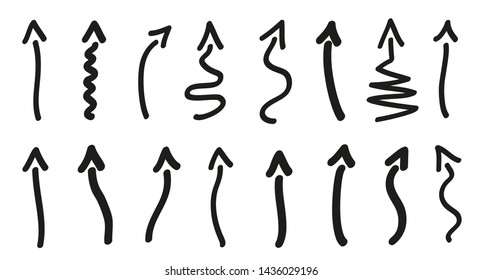 Infographic elements on isolated white background. Hand drawn simple arrows. Line art. Set of different pointers. Abstract arrow. Black and white illustration