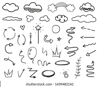 Infographic elements on isolated white background. Hand drawn simple arrows. Set of different things. Abstract signs. Black and white illustration. Doodles for artwork