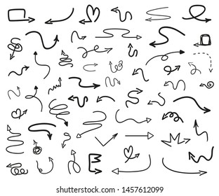 Infographic elements on isolated white background. Hand drawn simple arrows. Line art. Set of different pointers. Abstract indicators. Black and white illustration. Doodles for artwork