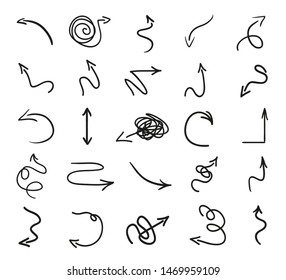 Infographic elements on isolated white background. Hand drawn simple arrows. Set of different pointers. Abstract indicators. Black and white illustration