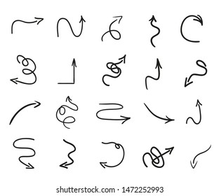 Infographic elements on isolated white background. Hand drawn wavy arrows. Set of different pointers. Abstract indicators. Black and white illustration