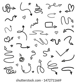 Infographic elements on isolated white background. Hand drawn simple arrows. Set of different pointers. Abstract indicators. Black and white illustration