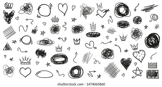 Infographic elements on isolated white background. Hand drawn arrows. Set of different signs. Abstract hearts, crowns and tangled shapes. Black and white illustration