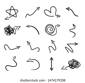 Infographic elements on isolated white background. Hand drawn simple arrows. Set of different pointers. Black and white illustration