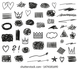 Infographic elements on isolated white background. Hand drawn symbols. Set of different signs. Abstract hearts, crowns and tangled shapes. Black and white illustration