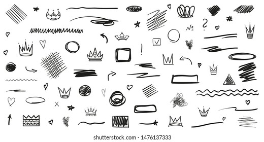 Infographic elements on isolated white background. Hand drawn simple arrows. Set of different signs. Abstract circles. Black and white illustration