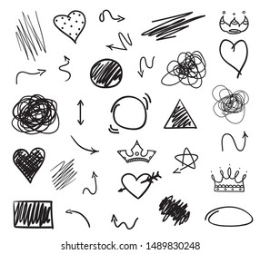 Infographic elements on isolated white background. Hand drawn simple arrows and signs. Black and white illustration