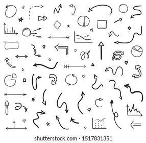 Infographic elements on isolated white background. Hand drawn wavy arrows. Set of different signs. Abstract symbols. Black and white illustration