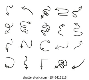 Infographic elements on isolated white background. Hand drawn wavy arrows. Set of different pointers. Abstract indicators. Black and white illustration. EPS 10