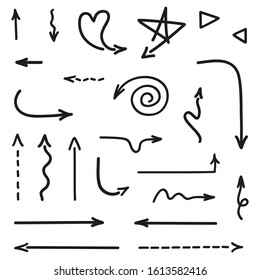 Infographic elements on isolated white background. Hand drawn wavy arrows. Set of different pointers. Abstract indicators. Black and white illustration