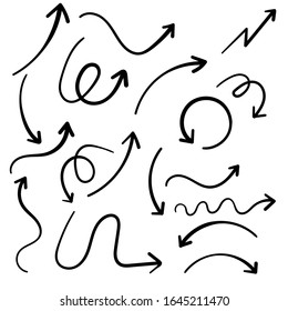 Infographic elements on isolated white background. Hand drawn wavy arrows. Set of different pointers. Abstract indicators. Black and white illustration. EPS 10
