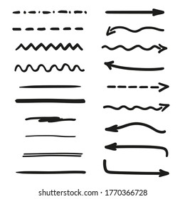 Infographic elements on isolated white background. Hand drawn underlines and arrows. Black and white illustration