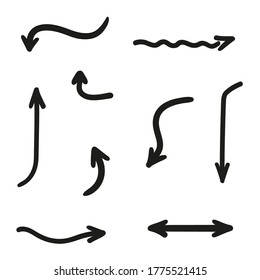 Infographic elements on isolated white background. Hand drawn simple arrows. Line art. Set of different pointers. Black and white illustration