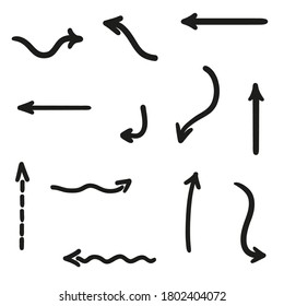Infographic elements on isolated white background. Hand drawn simple arrow. Set of different arrows. Black and white illustration
