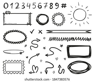 Infographic elements on isolated white background. Hand drawn numbers. Line art. Set of different geometric shapes. Abstract indicators. Black and white illustration. Doodles for artwork