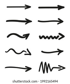 Infographic elements on isolated white background. Hand drawn simple arrows. Line art. Set of different pointers. Abstract indicators. Black and white illustration