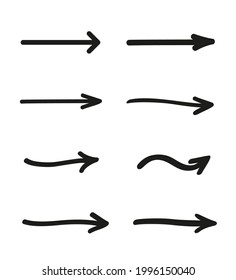 Elementos infográficos sobre fondo blanco aislado. Las flechas simples dibujadas a mano. Arte de línea. Conjunto de punteros diferentes. Indicadores abstractos. Ilustración en blanco y negro. Doodles para obras de arte