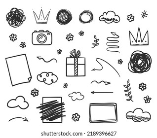 Infographic elements on isolated white background. Hand drawn signs and symbols. Black and white illustration