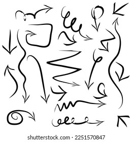 Infographic elements on isolated white background. Hand drawn wavy arrows. Set of different pointers. Abstract indicators. Black and white illustration