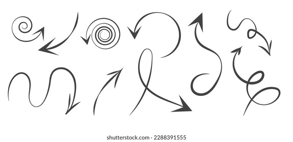 Infographic elements on isolated white background, simple arrows. Line art style. Set of different pointers and arrows. Black and white illustration. Doodles