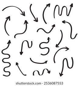Infographic elements on isolated white background. Hand drawn simple arrows. Line art. Set of different pointers. Abstract indicators. Black and white illustration. Doodles for artwork