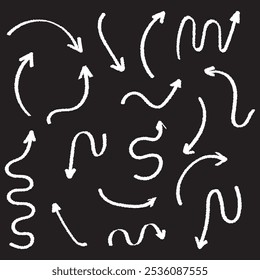 Elementos de infografía sobre fondo blanco aislado. Flechas simples dibujadas a mano. Arte lineal. Conjunto de diferentes punteros. indicadores Abstractas. Ilustración en blanco y negro. Garabatos para obras de arte