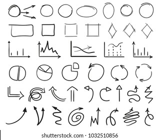Infographic elements on isolation background. Big set of different signs. Hand drawn simple elements. Highlighters for design. Line art. Abstract circles, arrows and rectangle frames. Doodles for work