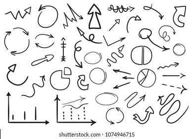 Infographic elements on isolation background. Big set of different signs. Circles, arrows and rectangle frames. Doodles for work