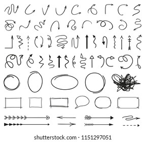 Infographic elements on isolation background. Collection of arrows on white. Hand drawn simple arrow. Line art. Set of different signs. Doodles for work. Art creation