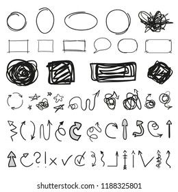 Infographic elements on isolation background. Collection of arrows on white. Hand drawn simple arrow. Line art. Set of different signs. Doodles for work and business. Art creation