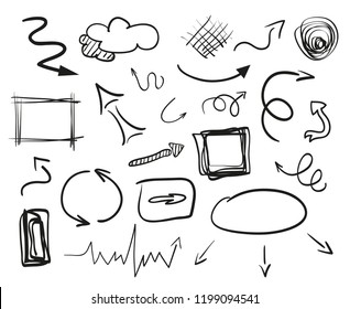 Elementos infográficos sobre el fondo del aislamiento. Colección de flechas. Destacados para el diseño. Pintura de mano simple punteros. Línea artística. Conjunto de signos diferentes. Símbolos abstractos