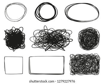 Infographic elements on isolation background. Hand drawn frames on white. Abstract frameworks. Line art. Set of different shapes. Black and white illustration. Doodles for artwork