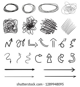 Infographic elements on isolation background. Hand drawn frames and arrows on white. Abstract frameworks. Line art. Set of different shapes. Black and white illustration. Doodles for artwork
