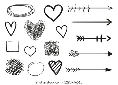 Infographic elements on isolation background. Hand drawn frames and arrows on white. Abstract frameworks. Line art. Set of different shapes. Black and white illustration. Doodles for artwork