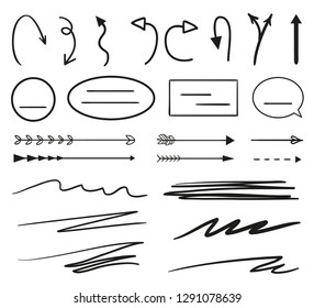 Infographic elements on isolation background. Hand drawn frames and arrows on white. Abstract frameworks. Line art. Set of different shapes. Black and white illustration. Sketchy doodles for artwork