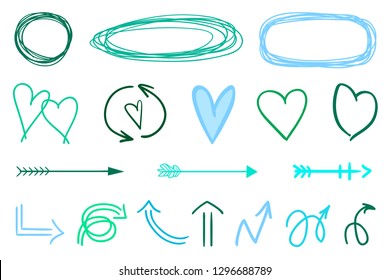 Infographic elements on isolation background. Hand drawn frames and arrows on white. Abstract frameworks. Line art. Set of different shapes. Colorful illustration. Doodles for artwork